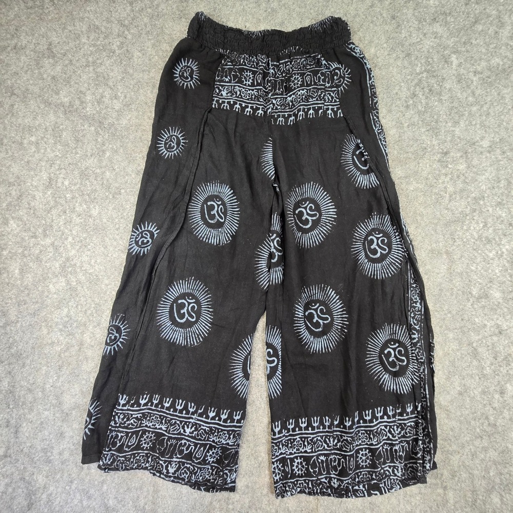 Earthbound Trading Co Palazzo Pants Womens XL Black Om Print Wide Leg Slit Boho